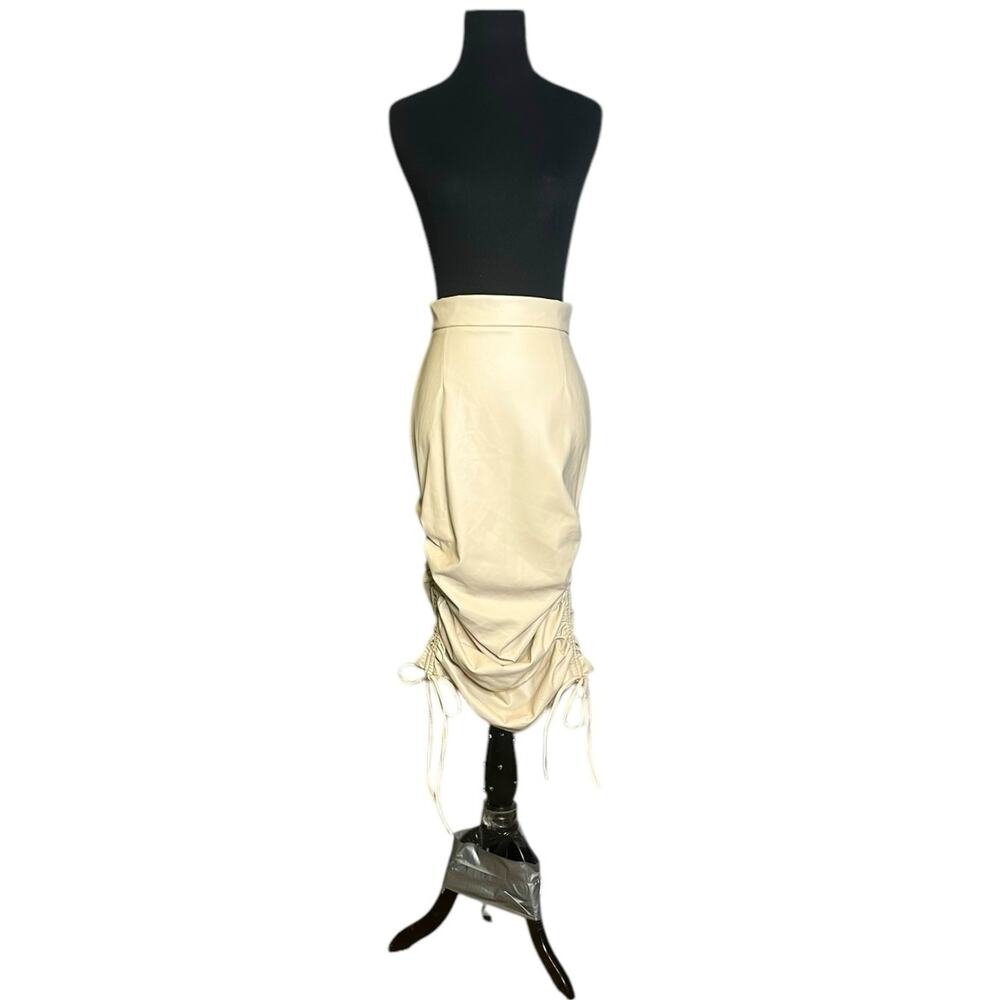The Brand Label tan faux leather ruched midi skirt size small